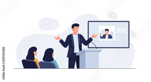 Speaker presenting to audience at conference or seminar, with digital screen displaying presentation.