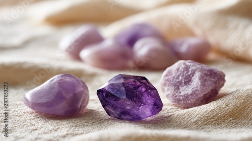 Three purple gemstones on textured fabric, one faceted, two smooth