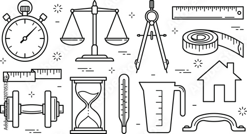 Obraz na płótnie Measurement tools and metrics line art icon set featuring stopwatch scales ruler