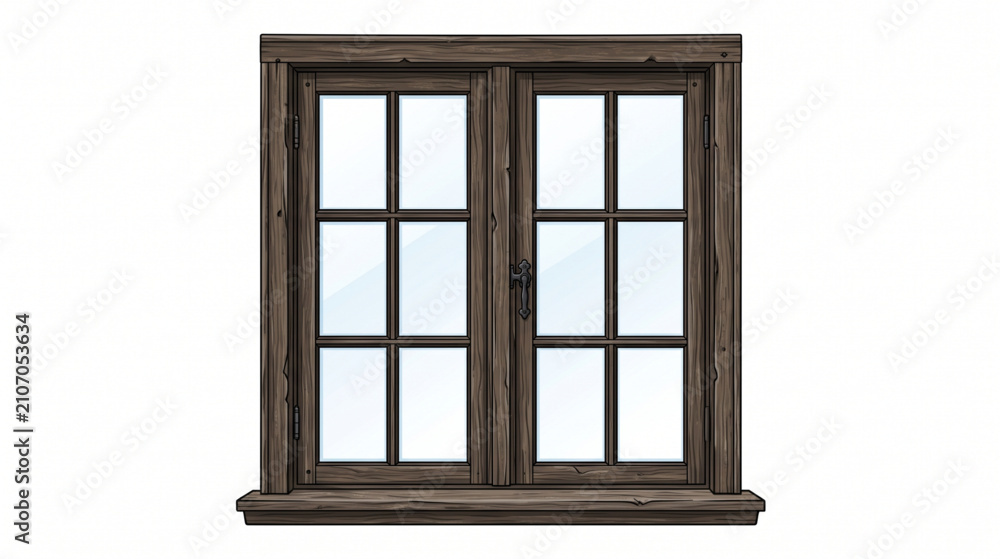 Fototapeta premium Classic Brown Wooden Window Frame Vector Illustration Isolated on White