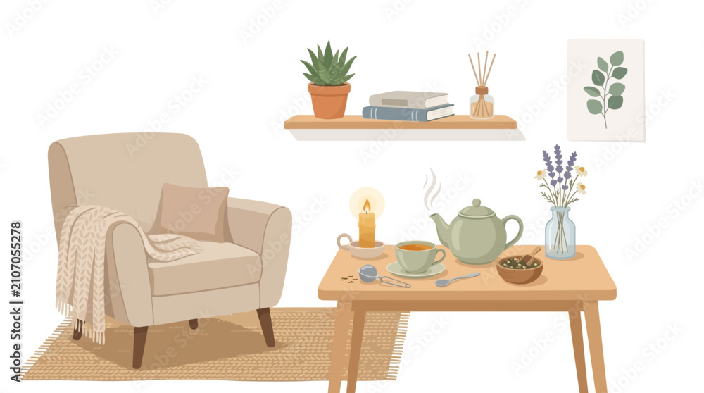Fototapeta premium Cozy Afternoon Tea: A serene corner of a living room features a comfortable armchair draped with a soft blanket, a small wooden table set with a steaming cup of tea, a teapot, and a scented candle.
