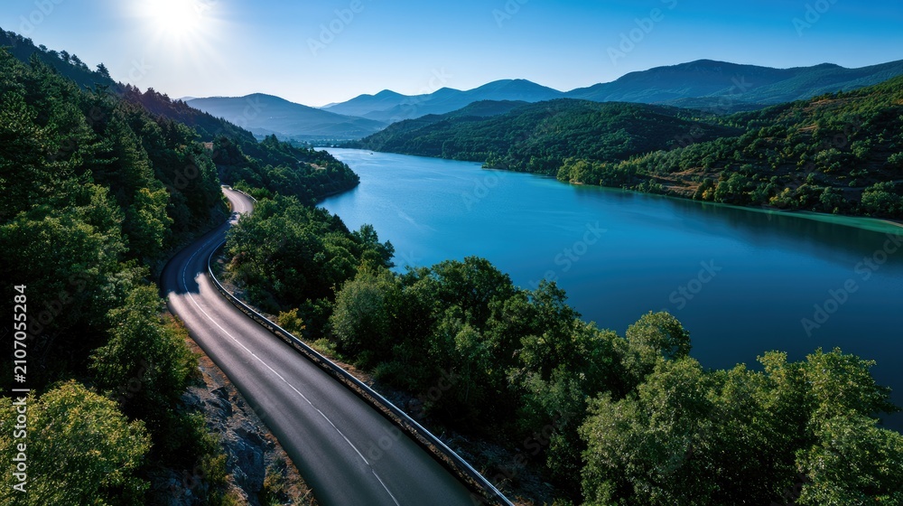 Fototapeta premium Serene winding road alongside a sparkling blue lake in a mountainous landscape