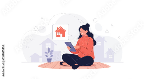 Woman using tablet with house icon for real estate, property search, or dream home concept