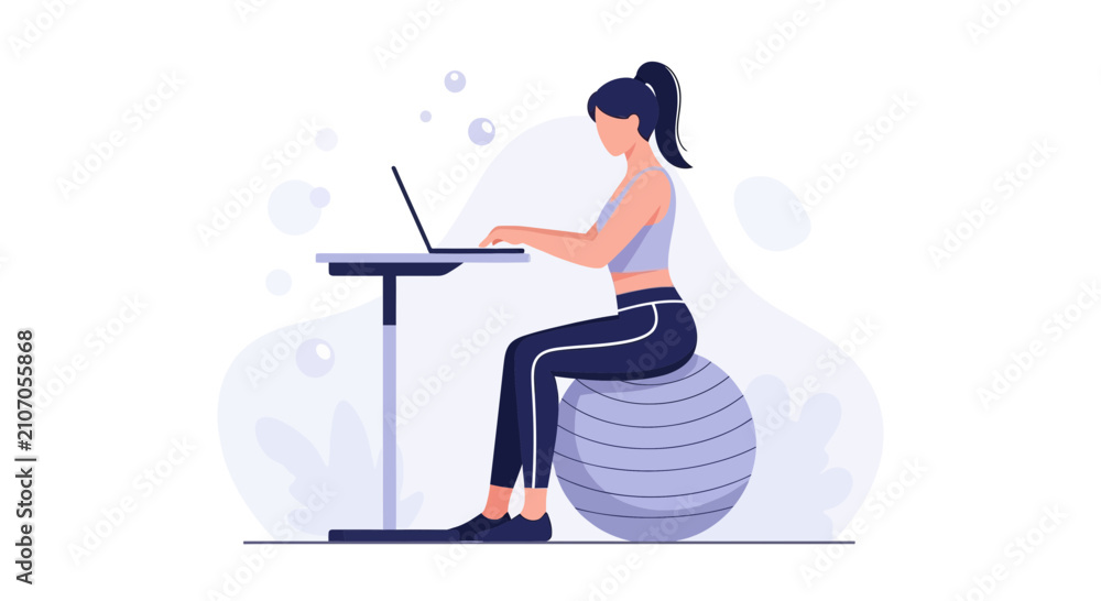 Fototapeta premium Woman working on laptop while sitting on an exercise ball, promoting active and healthy lifestyle at home or office
