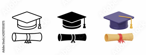 Graduation cap mortarboard diploma scroll degree education academic icon set isolated on white background vector illustration