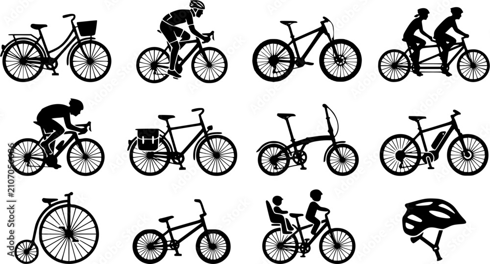 Obraz premium Bicycle & Cycling silhouette icon set, flat black glyph style, pure white background