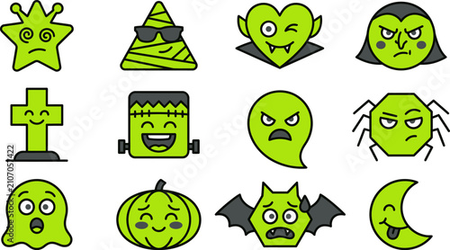Cute halloween icons set spooky monsters pumpkins treats for festive designs