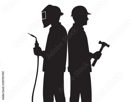 Silhouettes of welder and carpenter with tools against a white background