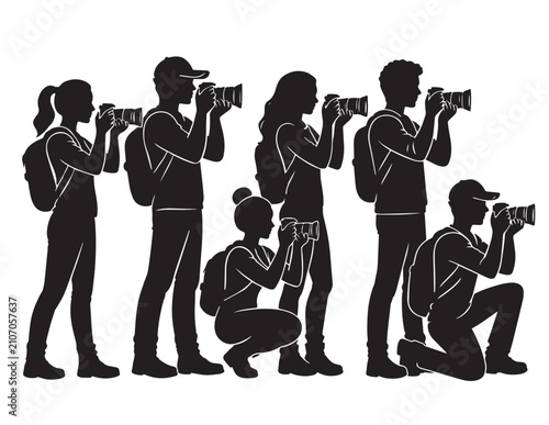 Cuadro en lienzo Photographers with cameras black silhouette vector illustration on white backgro
