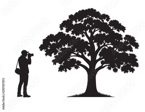Foto Photographer with camera and large tree black silhouette on white background