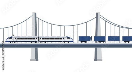 High-Speed Passenger Train and Cargo Freight Train Crossing a Suspension Bridge, Logistics Concept