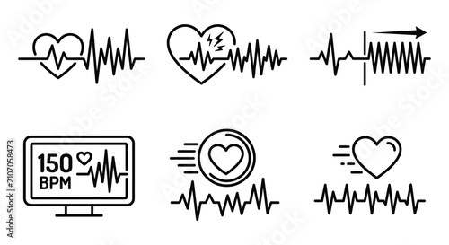 Heartbeat Line Icons With Monitor Display White Background