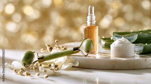 Luxurious skincare tools and products, bathed in soft golden light