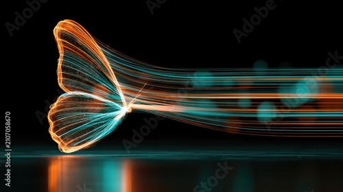 Luminous abstract butterfly with trails of light on black