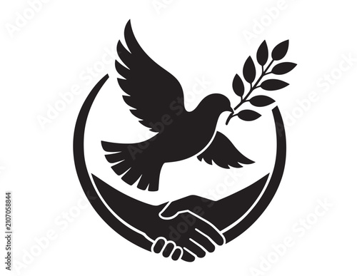 Fotografie Dove with olive branch and handshake black vector silhouette design
