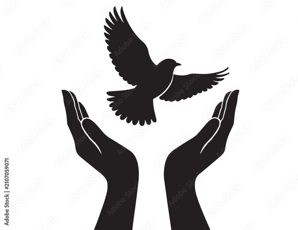 Fototapeta premium Black silhouette of hands cupping a flying bird vector illustration