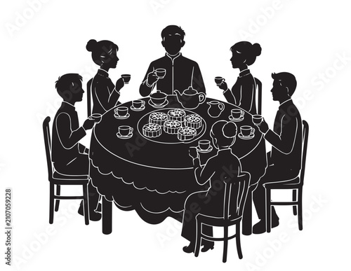 Silhouette of people gathered around a table with tea and pastries