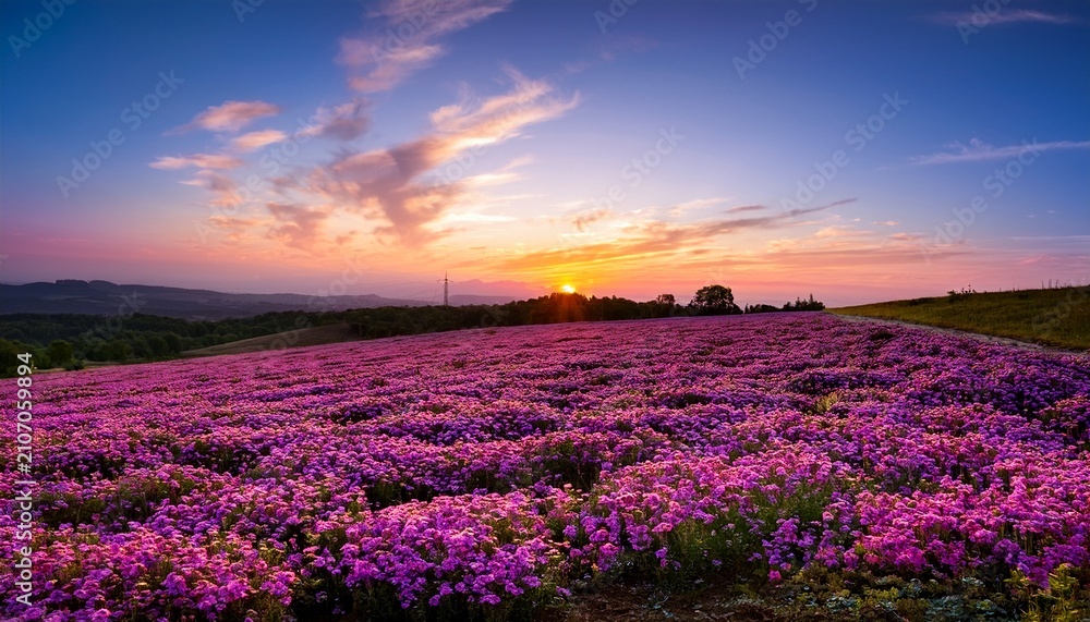 Obraz premium Sunset Over A Field Of Pink Flowers At Dusk