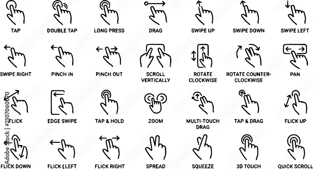 Fototapeta premium Minimal black outline mobile gesture icon collection, swipe, pinch, tap, drag and scroll hand interaction symbols isolated on white background