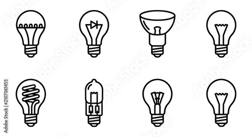 Foto Various Light Bulbs Black Line Vector Illustration On White Background