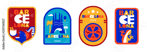 Barcelona Spain Geometric Badge Set Colorful Flat Design Stickers