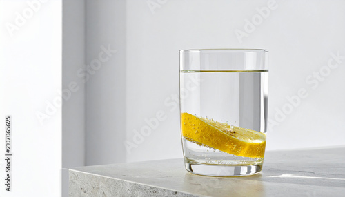 Minimal Glass of Sparkling Lemon Water on Stone Table with Natural Sunlight and Copy Space