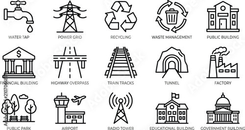 Infrastructure and public utilities outline icon set for city development municipal services engineering and architectural design