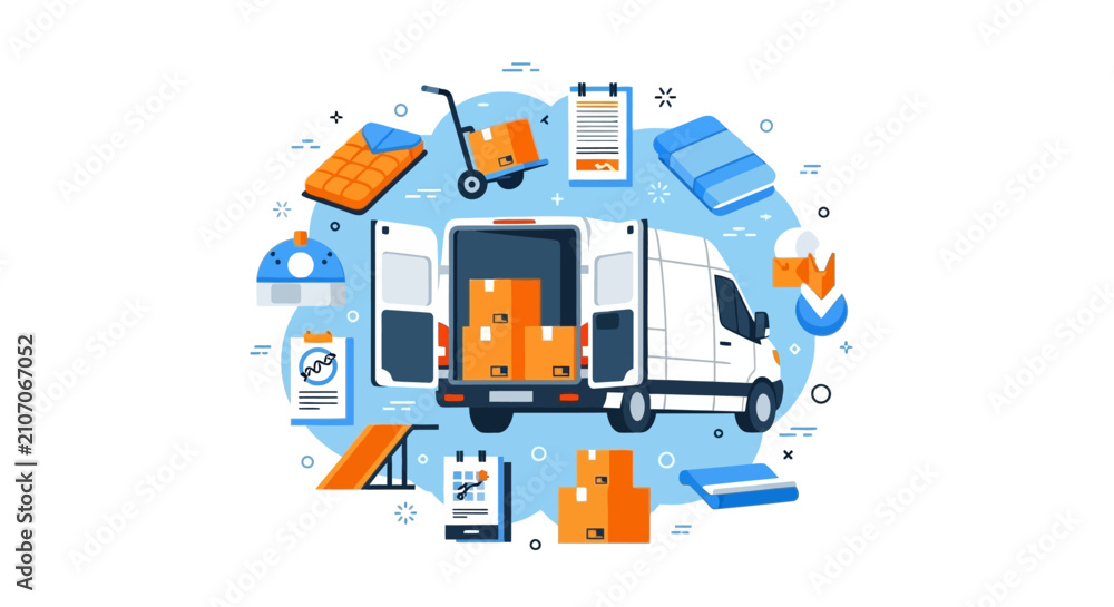 Obraz premium Modern Logistics and Delivery Service Concept with White Van and Cargo Boxes Vector Illustration for Moving Company or E-commerce Shipping