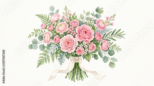 Watercolor floral illustration - bouquet with pink flowers, roses, green leaves, for wedding stationary, greetings, wallpapers, fashion, backgrounds, wrappers, cards