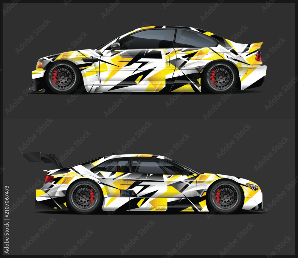 Fototapeta premium Vibrant Racing Car Wrap Design with Yellow and Black Graphics