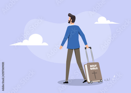 Man Walking with Suitcase Labeled “Holy Bible” 