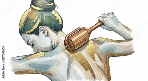 Woman using a wooden massage tool on her back with gold paint  