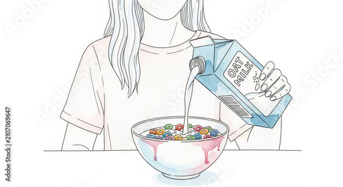 Woman pouring milk into bowl of cereal on white background  