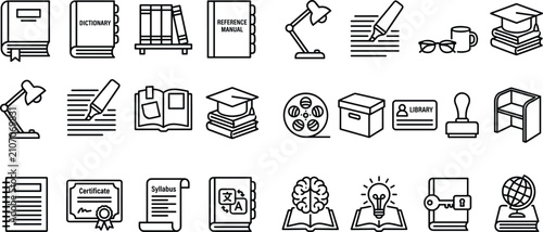 фотографія Education and Library Line Icon Set with Book Dictionary Certificate Graduation