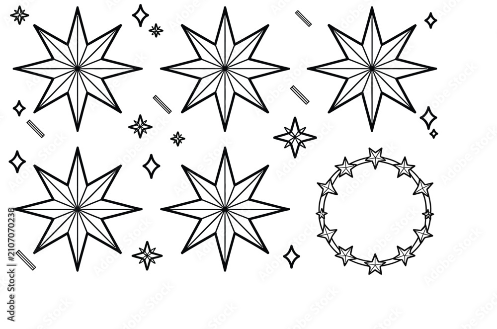 Obraz premium Sparkling star and north star vector outline icons featuring magic sparkle, twinkle, crystal, circle, and line art for decorative design.