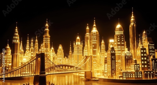 An intricate golden cityscape features ornate bridges and majestic towers glowing brilliantly against a deep black nighttime background, ornate, dark, aesthetic