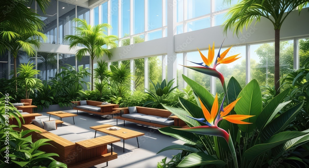 Fototapeta premium Lush tropical plants thrive in a modern office atrium featuring warm natural wood seating and expansive glass walls filled with soft light, seating, airy, garden