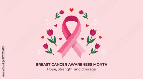 Pink ribbon with tulips and hearts illustration for breast cancer awareness month on a pink background