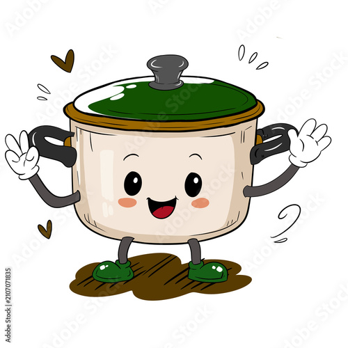 Cute smiling cooking pot mascot cartoon character waving with peace hand gesture isolated on transparent background for kitchen, food and branding design