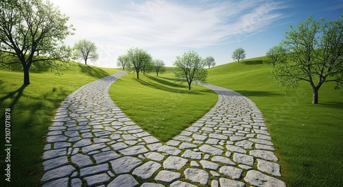 Two winding stone paths converge into a single broad trail amidst a serene green landscape, illustrating unity, growth, and shared goals, collaboration, journey, way