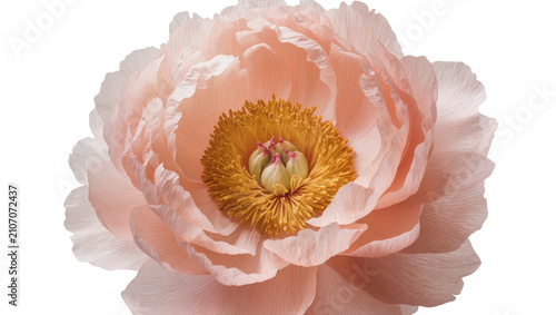 Fotografie Isolated stunning delicate peach peony flower with intricate yellow stamen and s