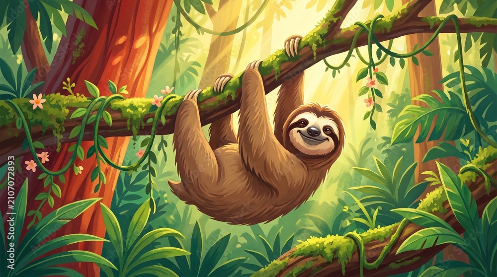 Obraz premium Smiling Sloth on Jungle Branch Costa Rica Illustration