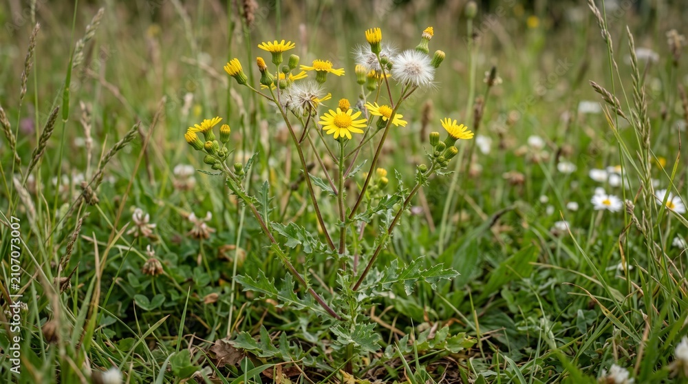 Fototapeta premium Close-up view of yellow wildflowers and various grasses in a vibrant green meadow under natural light.