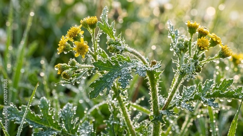 Close-up of green plants with yellow flowers covered in sparkling dew drops in morning light.