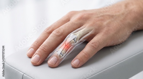 Detailed medical illustration of a human finger joint with a highlighted red spot indicating pain or inflammation.