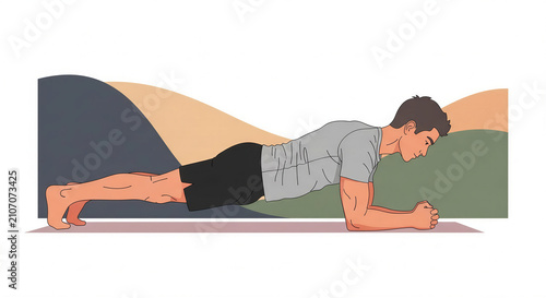 Man performing plank exercise on exercise mat with colorful background  