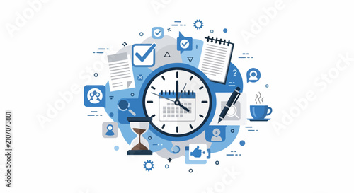 Time Management and Productivity Concept with Clock, Calendar, and Business Icons - Flat Vector Illustration for Planning, Scheduling, and Workflow Optimization