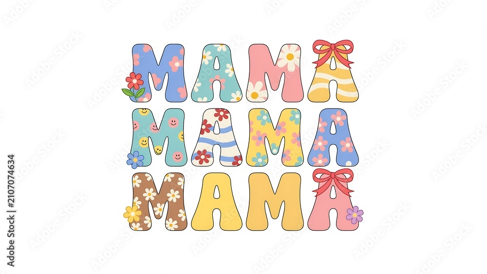 Fototapeta premium Colorful mama text design with floral and leopard patterns