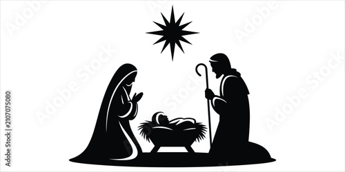 Cuadro en lienzo Nativity scene silhouette of Mary Joseph and baby Jesus under a star Keywords: n