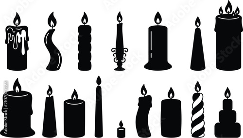 Fotografie Black silhouette candle collection featuring different wax shapes and burning flames isolated on transparent background